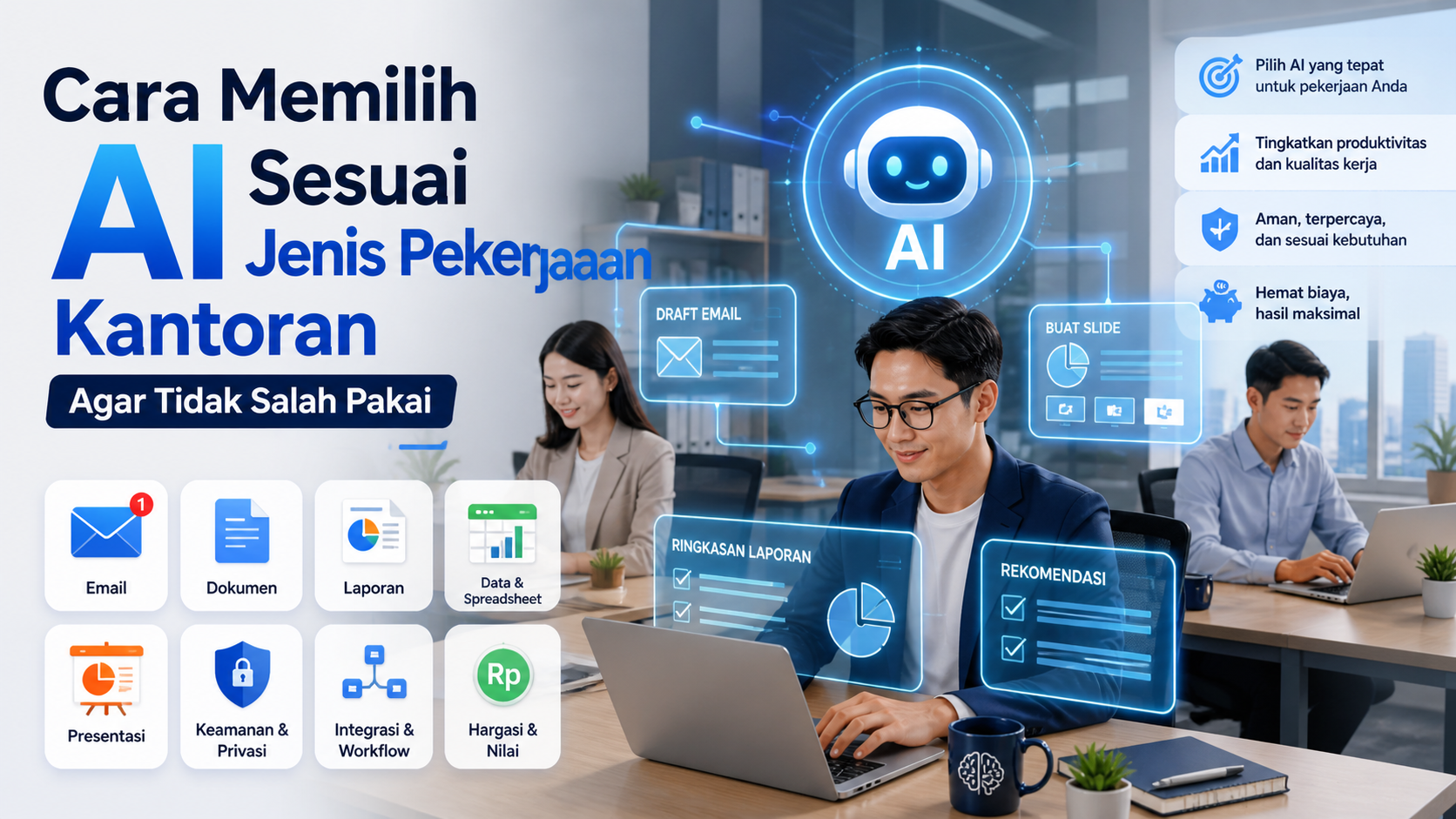 Cara memilih AI sesuai jenis pekerjaan kantoran agar tidak salah pakai. Cek fitur, keamanan data, integrasi, harga, dan kebutuhan kerja.