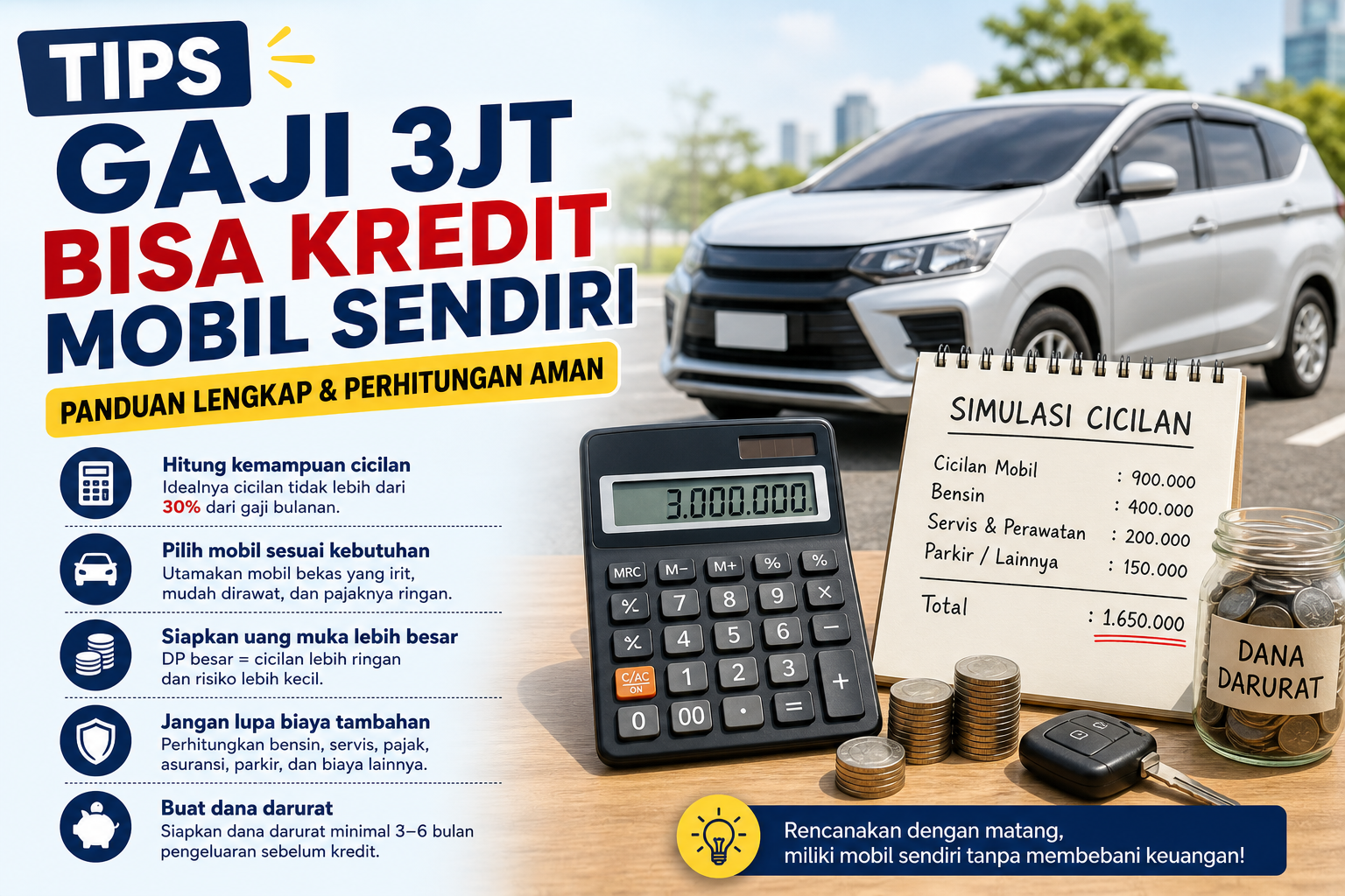 Punya gaji 3 juta dan ingin kredit mobil sendiri? Simak tips mengatur keuangan, memilih cicilan, dan menghitung kemampuan bayar dengan aman.