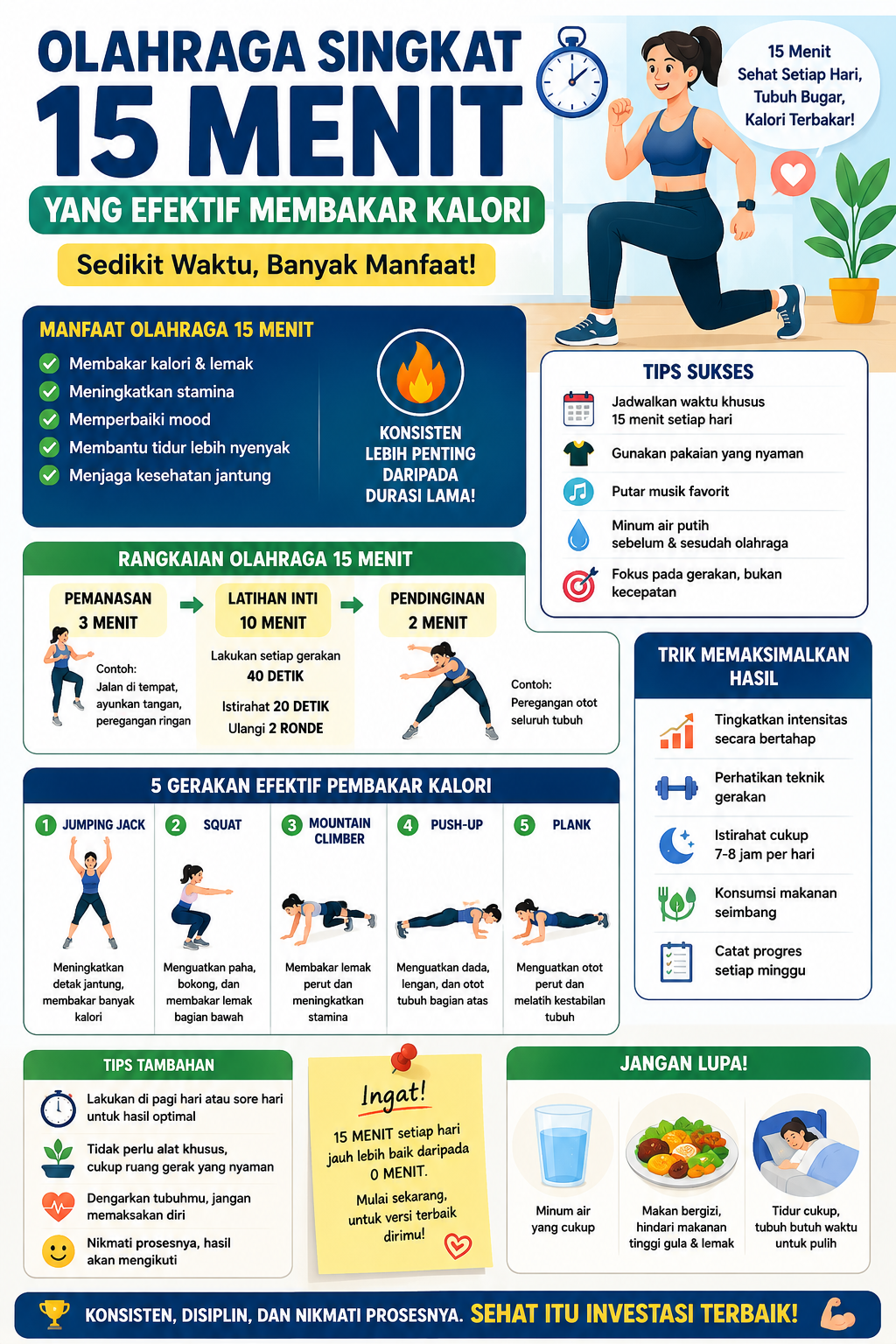 Temukan olahraga singkat 15 menit yang efektif membakar kalori, mudah dilakukan di rumah, dan cocok untuk rutinitas harian.