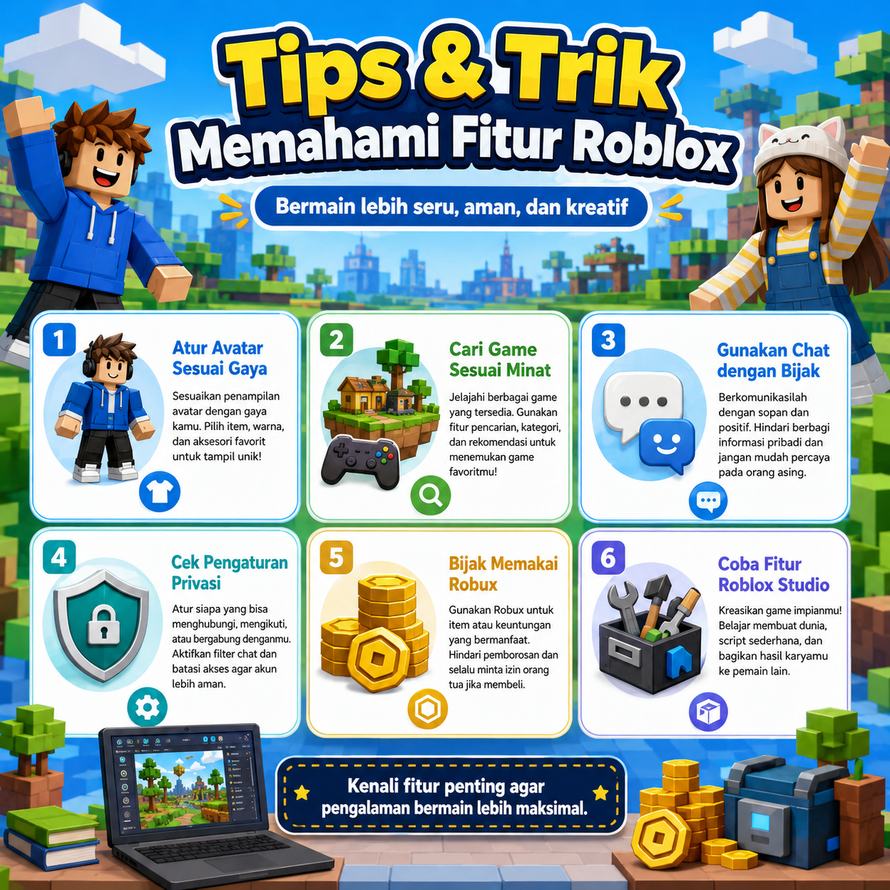 Kenali berbagai fitur Roblox yang membantu pemain menikmati game lebih seru, aman, dan kreatif melalui pengalaman bermain yang lebih maksimal.