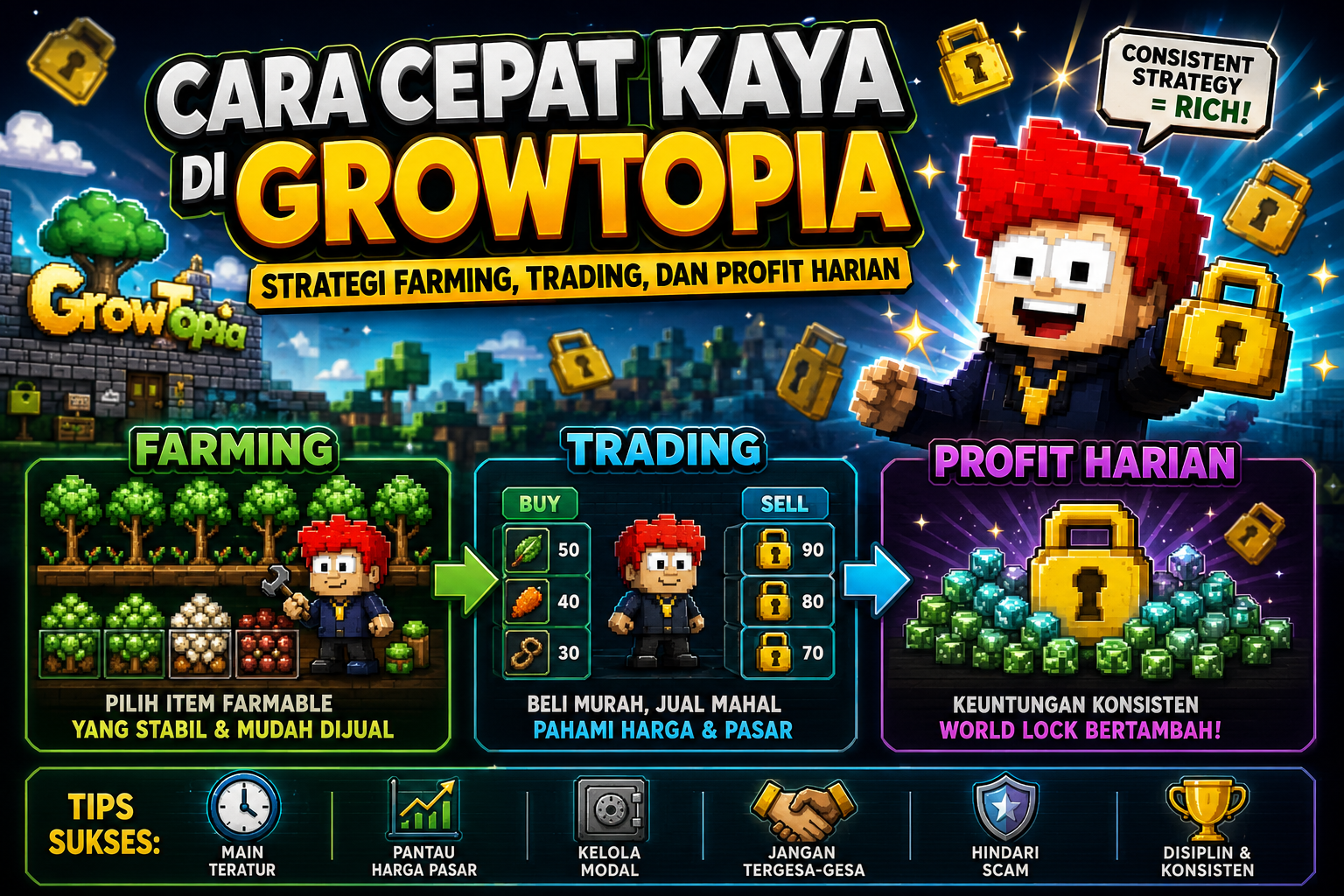Cara cepat kaya di Growtopia lewat strategi farming, trading, dan profit harian yang aman, efektif, serta mudah diterapkan pemain pemula.