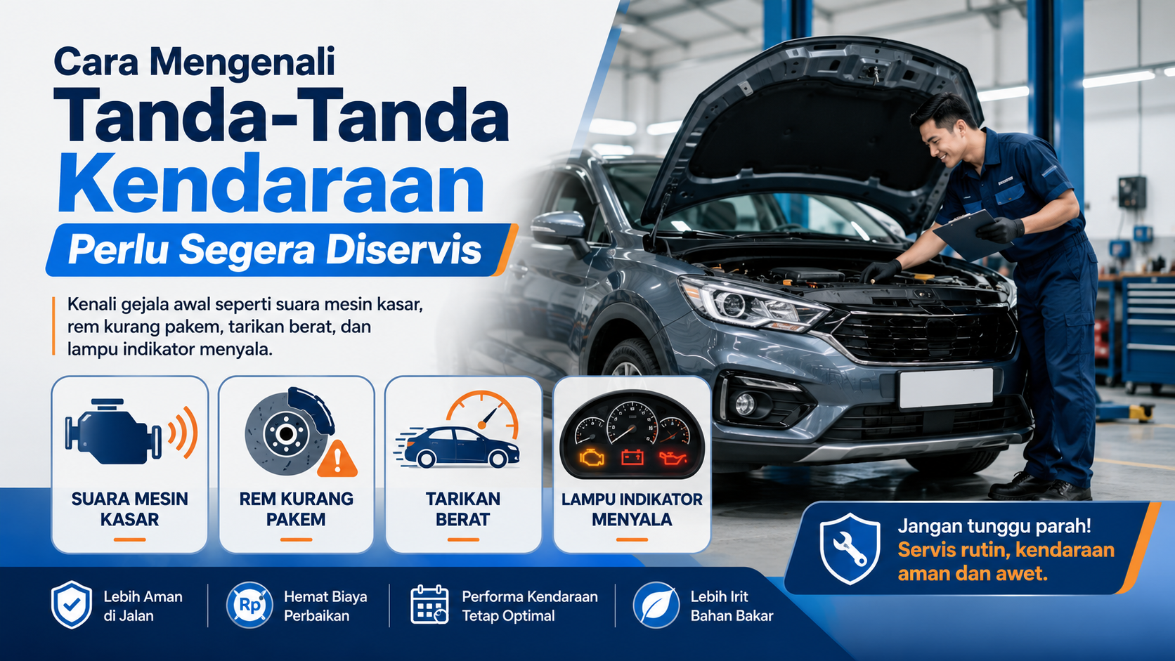 Pelajari tanda kendaraan harus diservis, seperti suara mesin kasar, rem kurang pakem, tarikan berat, atau lampu indikator menyala.